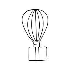 Doodle air balloon with box. Hand drawn air baloon with box. Parcel delivering concept