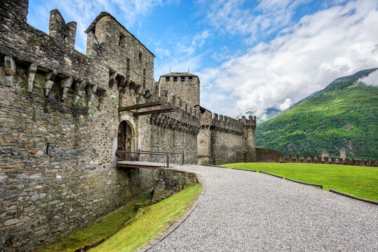 Medieval Montebello castle in Bellinzona city, Switzerland