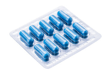 blue pill pack isolated on white background. drug blister cut out