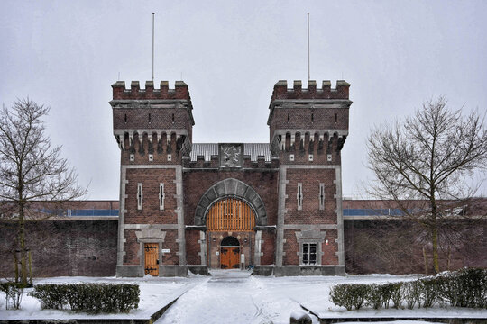 Prison, The Hague, Scheveningen, The Netherlands, Holland, Europe. Beautiful view of the historic gate of the Scheveningen prison in winter