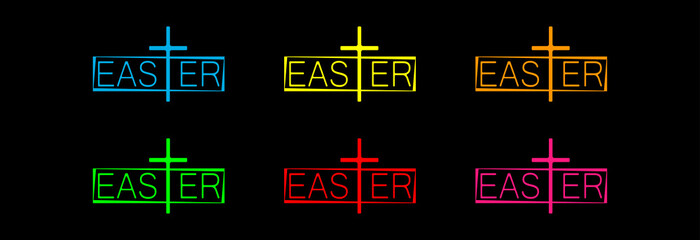 Easter inscription and cross, logo for the holiday in different colors on a dark background. 