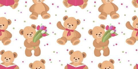 Teddy Bear seamless pattern. Happy cute Toy Bear. Design for textile, fabric, gift paper.