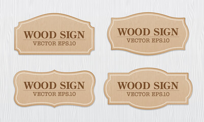 Classical wood signage vector set on white wood texture background.