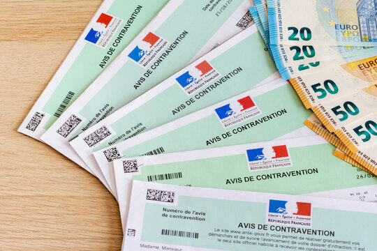 Avis de contraventions pour infractions au Code de la Route, en France. Et billets de banque en Euros