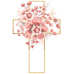 Watercolor hand painted Pink Florals Cross Clipart, Easter Religious flowers  illustration,  Baptism Cross clip art,  Holy Spirit clipart, golden frame