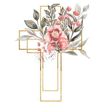 Watercolor hand painted  Floral Cross Clipart, Easter Religious greenery illustration,  Baptism Cross clip art,  Holy Spirit clipart, golden frame
