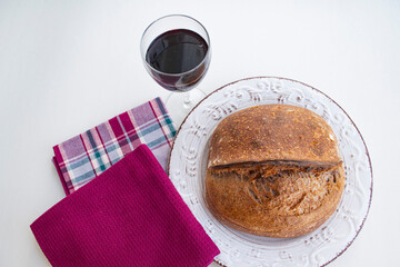 Homemade rye crisp bread and red wine