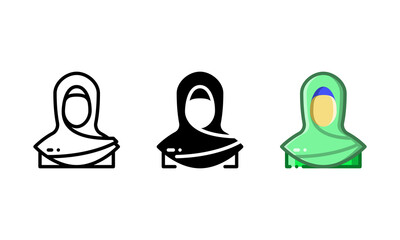 Hijab female icon. With outline, glyph, and filled outline styles