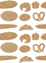 Vector seamless pattern of brown hand drawn doodle sketch bakery bread and buns isolated on white background