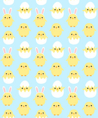 Vector seamless pattern of hand drawn flat doodle easter chicks isolated on blue background