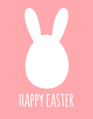 Vector flat white egg with rabbit ears silhouette and happy easter lettering isolated on pink background