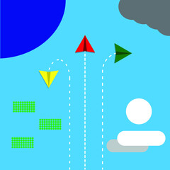 A vector of 3 colour paper plane flying direction. Everybody have its own obstacle and direction in life