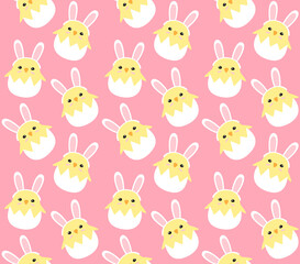 Vector seamless pattern of flat cartoon chick in egg shell with rabbit ears isolated on pink background