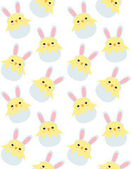 Vector seamless pattern of flat cartoon chick in egg shell with rabbit ears isolated on white background