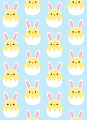Vector seamless pattern of easter chick with rabbit ears in egg shell isolated on blue background