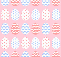 Vector seamless pattern of different flat cartoon easter eggs isolated on pink background