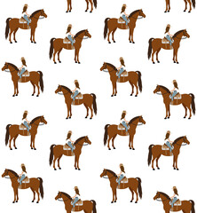 Vector seamless pattern of flat cowboy woman girl riding western horse isolated on white background