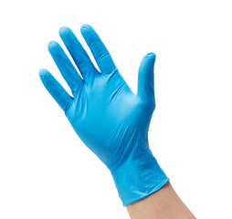 Hand wearing nitrile gloves on white background - obrazy, fototapety, plakaty