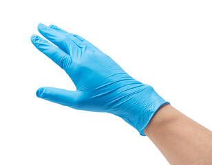 Hand wearing nitrile gloves on white background