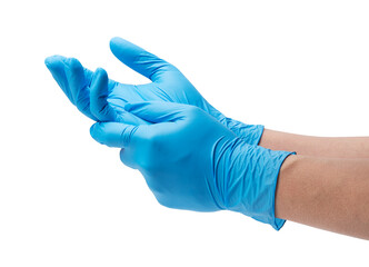 Two hands wearing nitrile gloves on a white background