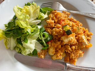 Couscous With Sheep Cheese And Vegetables And Lettuce