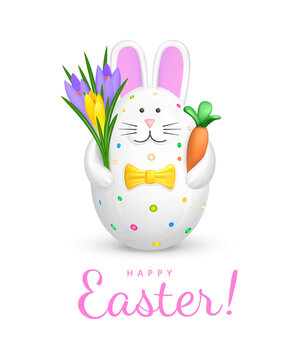 Happy Easter greeting card. Cute Bunny shaped Easter Egg. Figurine of white rabbit with pink ears, multi-colored spots and yellow bow tie holding bouquet of crocuses and a carrot