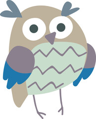 Clipart Cute funny gray striped owl. Children's print with a bird owl. Print for the children's room. Pastel color. Retro style. Decor for decoration. Vector illustration in cartoon style.