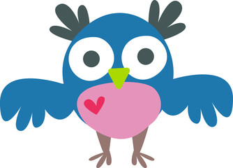 Clipart Cute funny blue little owl. Children's print with a bird owl. Print for the children's room. Pastel color. Retro style. Decor for decoration. Vector illustration in cartoon style.