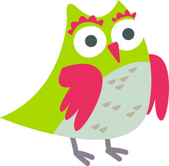 Clipart Cute funny green owl. Children's print with a bird owl. Print for the children's room. Decor for decoration. Vector illustration in cartoon style.