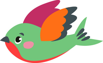 Clipart green bird flies. Retro style. Decor for decoration. Vector illustration in cartoon style.