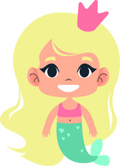 Clipart cute little mermaid with long blond hair. Fairy princess for girls. Print For the children's room. Pastel color. Retro style. Decor for decoration. Vector illustration in cartoon style.
