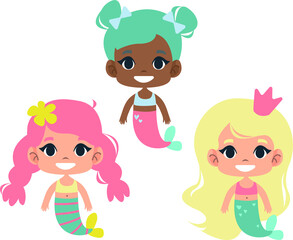 Clipart set of little cute baby mermaids. Black girl, pink hair, princess. The print is fabulous. For a children's room. Pastel color. Retro style. Decor for decoration. Vector illustration in cartoon