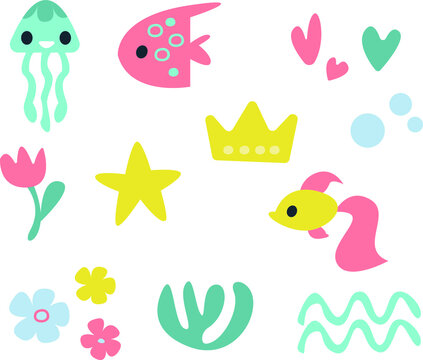 Clipart set with fishes and algae. Marine decor. Print For the children's room. Pastel color. Retro style. Decor for decoration. Vector illustration in cartoon style.