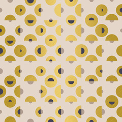 Elegant seamless geometric vector pattern with Gold, purple and beige layered circles and semicircles on light background. Modern stylish texture for wallpaper, interior and fashion fabrics.
