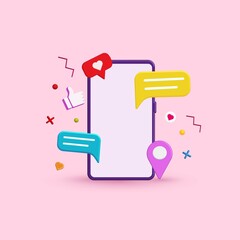 Smartphone with modern trendy color and social network icons 3d vector. Abstract social media and technology at pastel color background