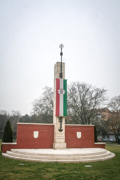 GYOR, HUNGARY - DECEMBER 22, 2012: Monument in Gyor dedicated to the ethnic greater Hungary and against the 1919 Trianon treaty dividing the empire, with a Hungarian double cross, a kettos kereszt