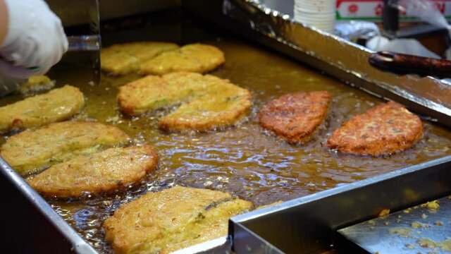 Korean traditional mung bean pancake, Street food in Korean market, Food made from healthy green beans, Simple snacks using green beans