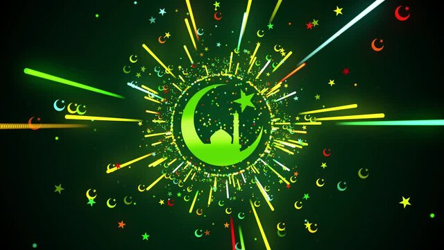 Motion Green Colorful Light Streaks Burst Crescent Moon And Star With Mosque Islamic Symbol And Shiny Glitter Confetti Shapes Sparkle Dust Background, Last 10 Seconds Loopable