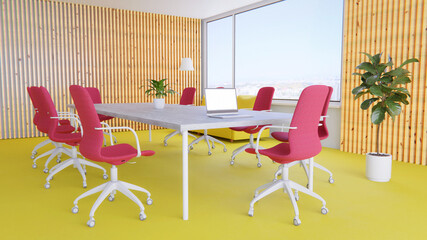 colorful conference room interior with wooden walls