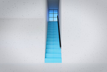 blue stairs in a white staircase. The window at the end of the blue stairs.