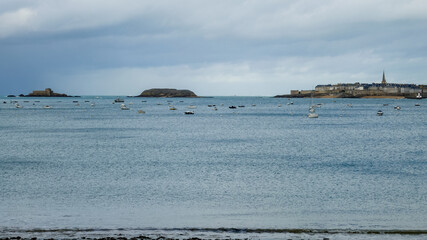 Boats and islets on the sea, Plage du Prieure, Dinard, Brittany, France