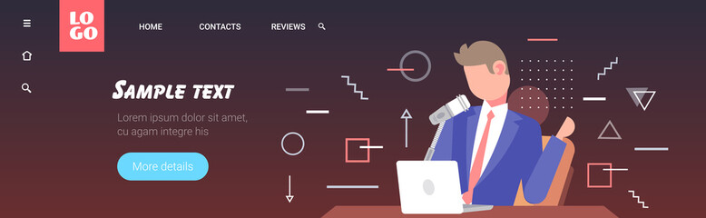 man podcaster talking to microphone recording podcast in studio podcasting online radio concept portrait horizontal copy space