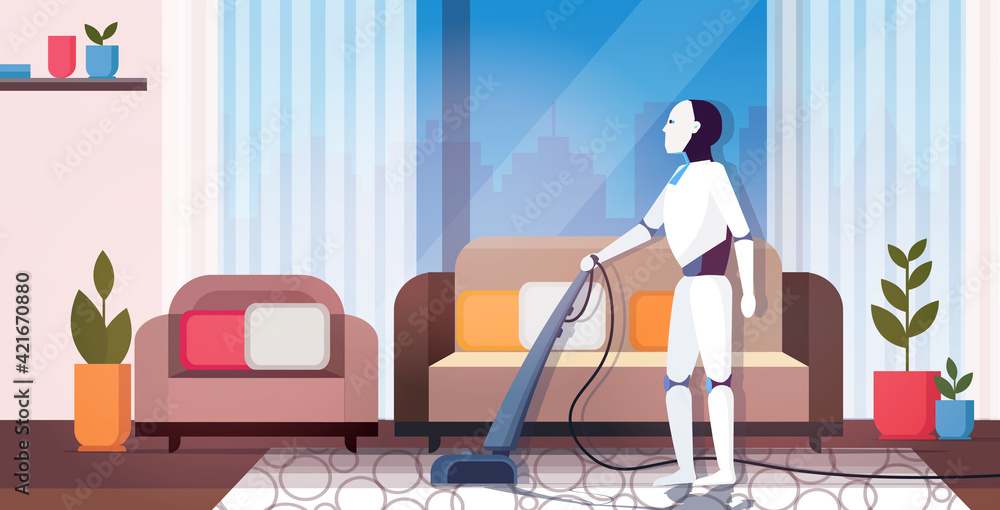 Poster modern robot using vacuum cleaner robotic character doing housework artificial intelligence technolo