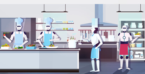modern robots chefs cooking dishes robotic cooks preparing food artificial intelligence technology culinary concept modern kitchen interior horizontal full length