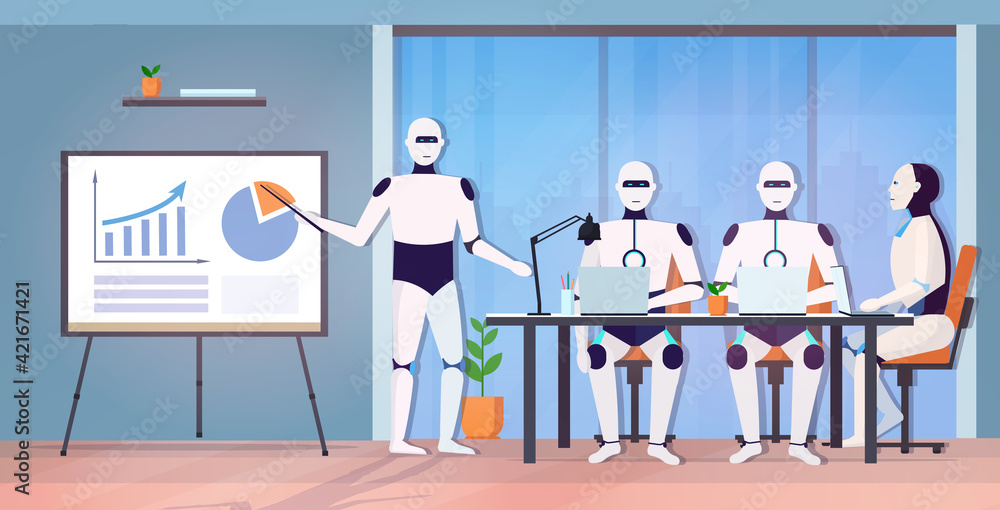 Poster business robot presenting financial graph to robotic coworkers team at round table artificial intell