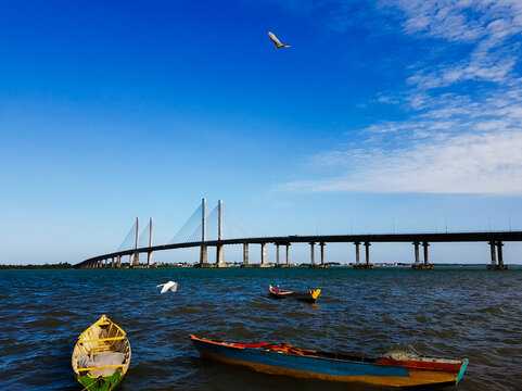 Barcos de pesca artesanal ancorados em um rio com uma ponte ao fundo