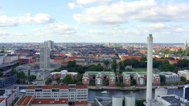 Hammarby Sj&ouml;stad canal and houseboats, Stockholm aerial view