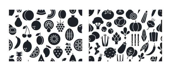 Fototapeta premium Set of vector seamless patterns with fruits and vegetables. Endless texture, background, wallpaper. Black silhouette, fill solid icon, glyph. Healthy food and vitamins.