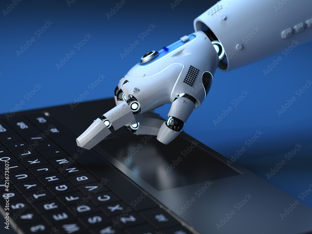 Aufkleber robot hand working with computer keyboard