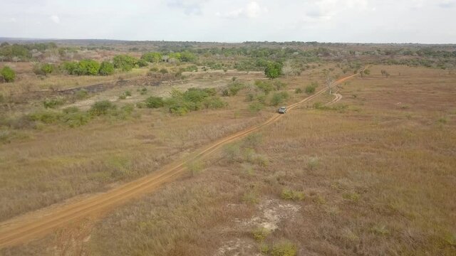 Aerial Shot Of A Truck Driving Along African Outback Road, Madagascar